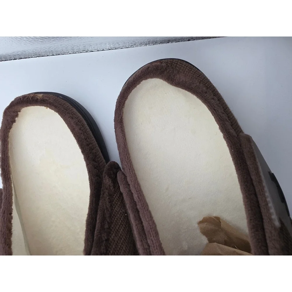 Chocolate Brown Knit Adjustable Strap Slipper Faux Fur Lined Size 48 ZT-5Q4AJW75